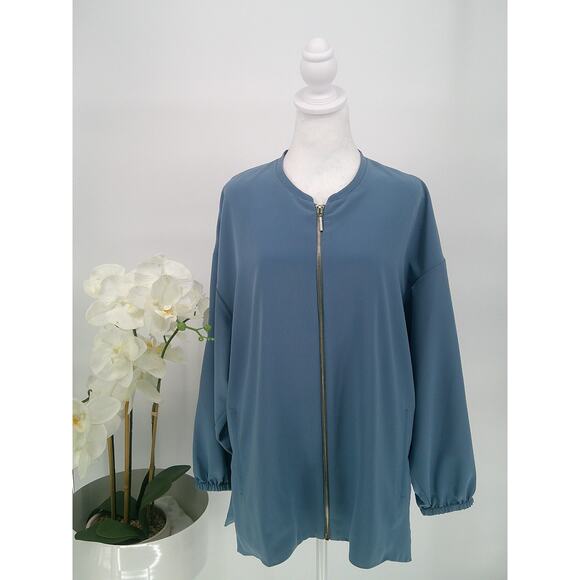 Halston Womens Dusk Blue Oversized Relaxed Full Zip Classic Basic Blouse Medium - Picture 1 of 7